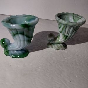 2 AKRO AGATE Cornucopia Vases No Chips on Good Condition.